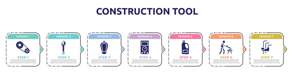 construction tool concept infographic design template. included timing belt, spanner, urinal, ammeter, detergent, carpenter, hex key icons and 7 option or steps.
