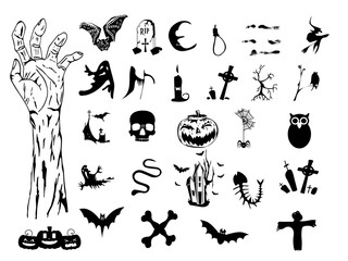 Halloween bundle with skull, pumpkins, grave stone, owl, bats, gallows and horror hand illustration isolated on the white background. 