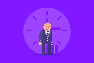 Bald Businessman Sleeping While Standing With Time Background at Night Flat Design Illustration