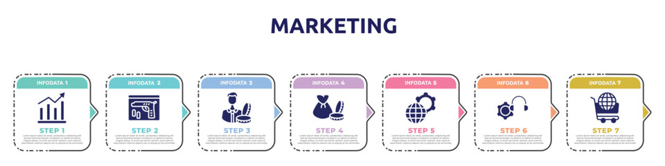 marketing concept infographic design template. included demand, evidence, accredited, capital, official, technical support, world wide shopping icons and 7 option or steps.