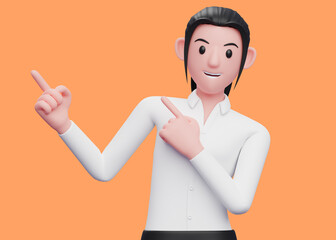 3d Business woman in white shirt Pointing to the top side with both hands, 3d illustration of a business woman in white shirt pointing