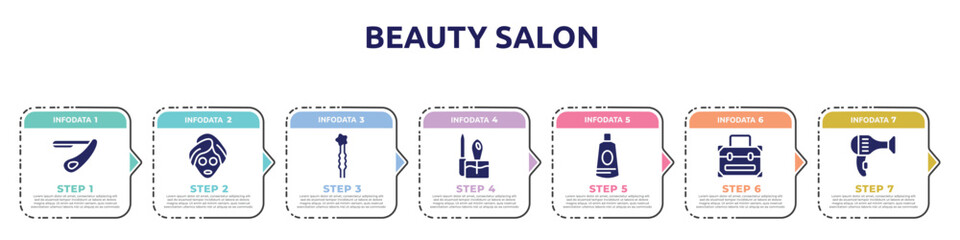 beauty salon concept infographic design template. included straight razor, beauty face mask, two hairpins, manicure, ointment, vanity case, hairdryer facing left icons and 7 option or steps.