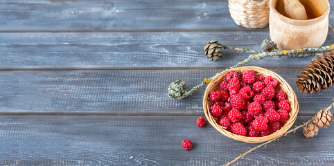 Fresh forest raspberries in a wicker basket for making jam with cones and branches on a dark wooden table