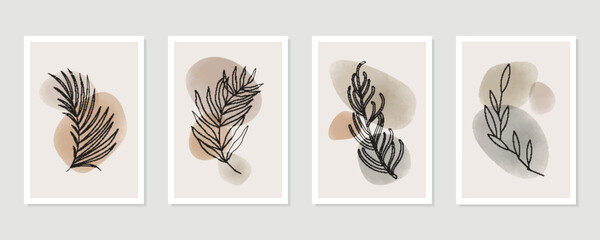 Fototapeta na wymiar Botanical wall art vector set. Tropical Foliage line art drawing with abstract shape. Abstract Plant Art design for print, cover, wallpaper, Minimal and natural wall art. Vector illustration.