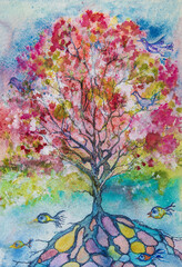 Fototapeta na wymiar Pink tree of life with fishes. The dabbing technique near the edges gives a soft focus effect due to the altered surface roughness of the paper.