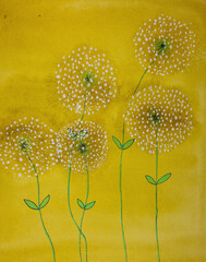 Dandelion on a gold background. The dabbing technique near the edges gives a soft focus effect due to the altered surface roughness of the paper.
