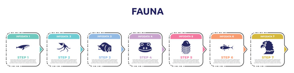 fauna concept infographic design template. included whale swimming, wild octopus, angry dog, frog head, swimming jellyfish, big tuna, eagle head icons and 7 option or steps.