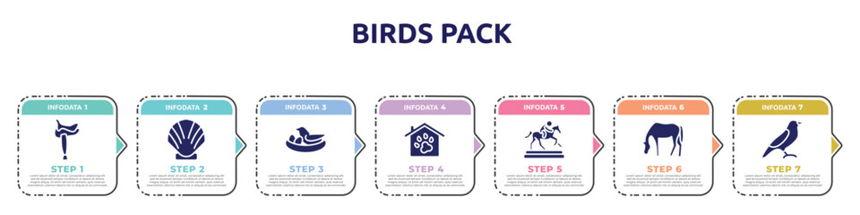 birds pack concept infographic design template. included horse saddle, seashell, bird and egg, pet hotel, trophy of horses races, horse grazing, bird of black feathers icons and 7 option or steps.