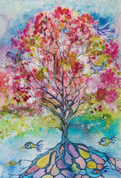 Pink tree of life with fishes. The dabbing technique near the edges gives a soft focus effect due to the altered surface roughness of the paper.