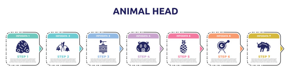 animal head concept infographic design template. included anthill, harebell, beehive, hamster, pine, archery, bison icons and 7 option or steps.