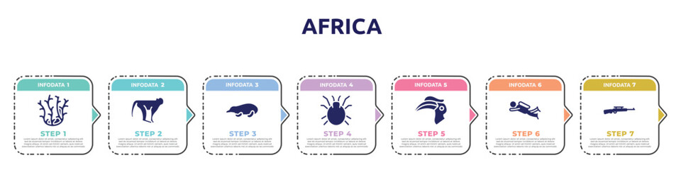 africa concept infographic design template. included coral, monkeys, mole, mite, hornbill, diving, rifle icons and 7 option or steps.