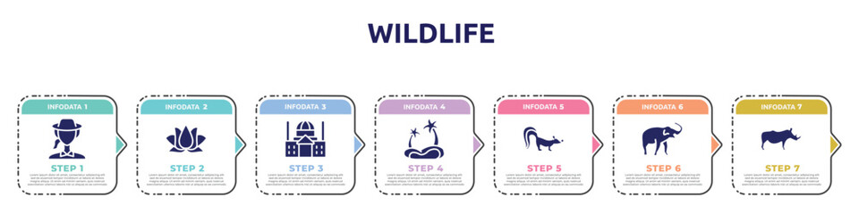 wildlife concept infographic design template. included biologist, lotus, basilica, oasis, skunk, safari, rhino icons and 7 option or steps.