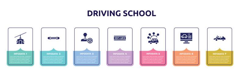 driving school concept infographic design template. included funifor, damper, instructor, license plate, carsharing, computer test, icons and 7 option or steps.