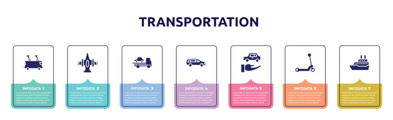 transportation concept infographic design template. included tramway, army airplane bottom view, tow, station wagon, rental car, kick, cruise ship icons and 7 option or steps.