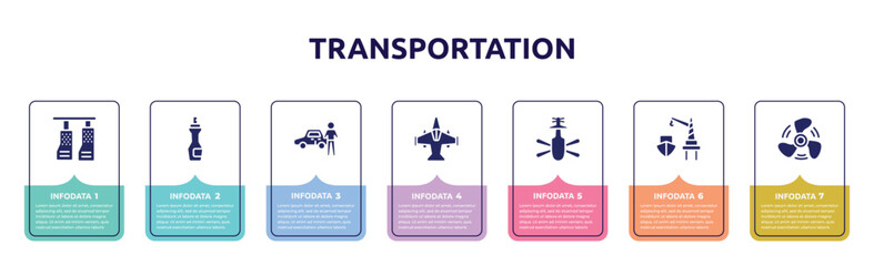 transportation concept infographic design template. included car pedals, insect repellent, authorized dealer, military airplane bottom view, helicopter bottom view, harbor, ship propeller icons and