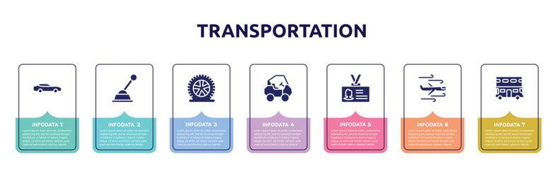 transportation concept infographic design template. included sportive car, gearshift, flat tire, all terrain, identity card, turbulence, double decker icons and 7 option or steps.