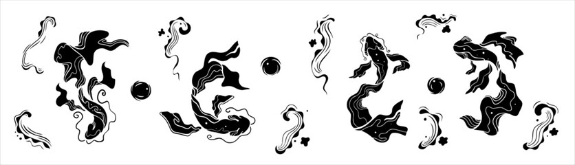 Japanese fish abstract vector design silhouette. Fish  seaweed. Water bubble hand drawn.Waves decoration  black silhouette.