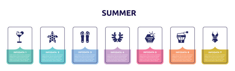 summer concept infographic design template. included refreshing cold drink, sea turtle, pair of flip flops, wreath, summer sale, sand bucket, swimsuit icons and 7 option or steps.