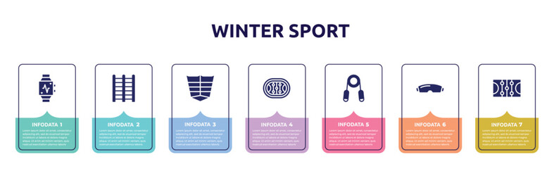 winter sport concept infographic design template. included pulsometer, trellis, abs, hockey arena, handgrip, goggle, ice court icons and 7 option or steps.