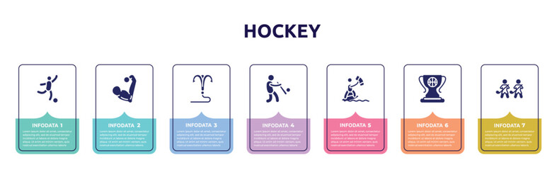 hockey concept infographic design template. included soccer game, muscular, grappling hook, batter, kitesurfing, champ, home team icons and 7 option or steps.