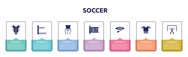 soccer concept infographic design template. included chest protection, diving board, slim body, sacred scriptures, canoeing, t-shirts, goalie icons and 7 option or steps.