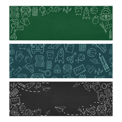 Back to school icons set. Green or blackboard background. School, office supplies. Doodle icons and chalk inscription. Simple design. Banner, poster template. Flat style vector illustration
