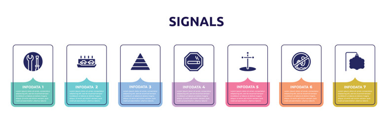signals concept infographic design template. included wrench and screwdriver, ferry carrying cars, pyramidal structure, smoke zone, cross stuck in ground, no bomb jump, ornamental icons and 7 option - obrazy, fototapety, plakaty