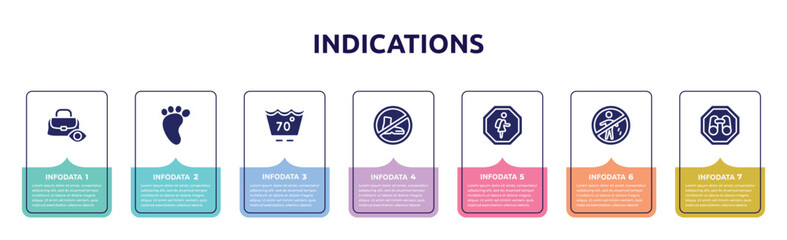 Obraz premium indications concept infographic design template. included watch your belongings, four toe footprint, 70 degrees maximun agitation, no shoes, school zone, no littering, site seeing place icons and 7