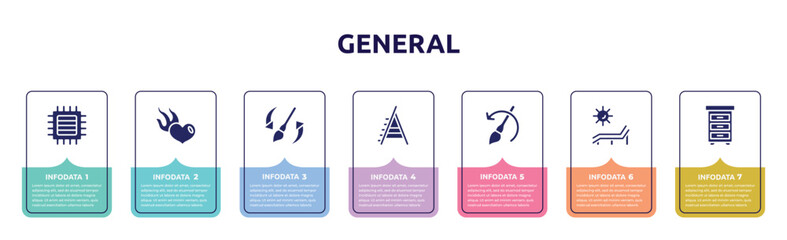 general concept infographic design template. included patch crop, heart in flames, history brush, stepladder, brush history, deck chair under the sun, office cabinet icons and 7 option or steps.