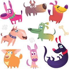 Cartoon dogs set. Bulldog poodle chihuahua dachshund jack russel terrier corgi and doberman. Vector illustration