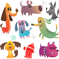 Cartoon dogs set. Bulldog poodle chihuahua dachshund jack russel terrier corgi and doberman. Vector illustration