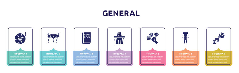 general concept infographic design template. included cd record, party decoration, yearbook, bridge on avenue perspective, daisy bouquet, dyupel, live paint icons and 7 option or steps.