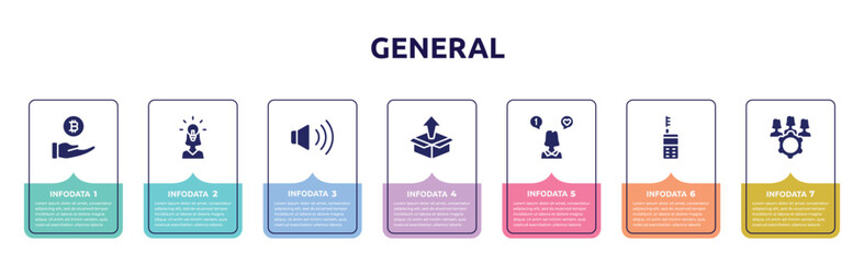 general concept infographic design template. included initial coin offering, team leader, sound control, product release, social media specialist, laser measurement, project team icons and 7 option