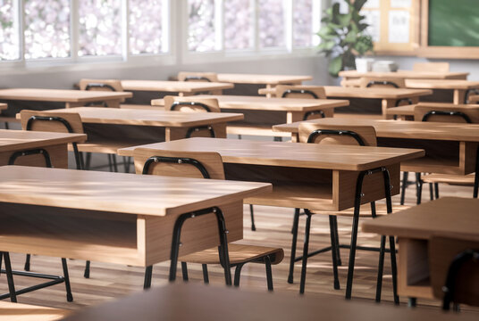 Close up scene of modern style classroom in the morning 3d render,The rooms have white walls and wooden floor, decorated with wooden tables and chairs, large windows overlooking natural views.