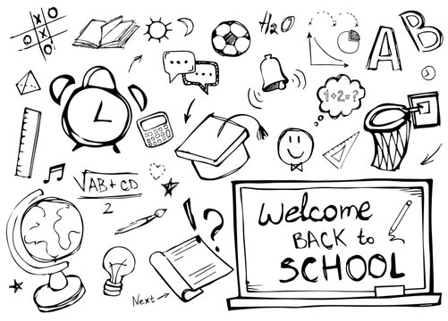 Back to school doodle. Hand drawn background with school supplies and creative elements. Vector illustration.