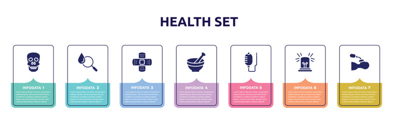 Fototapeta na wymiar health set concept infographic design template. included human skull, blood analysis, bandage cross, medicines bowl, health drip, emergency light, brea icons and 7 option or steps.