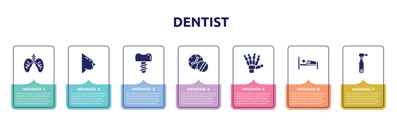 dentist concept infographic design template. included lungs with the trachea, bosom, dentist tooth with metallic root, medicines time, human hand bones, human sleeping on bed, dentists drill tool