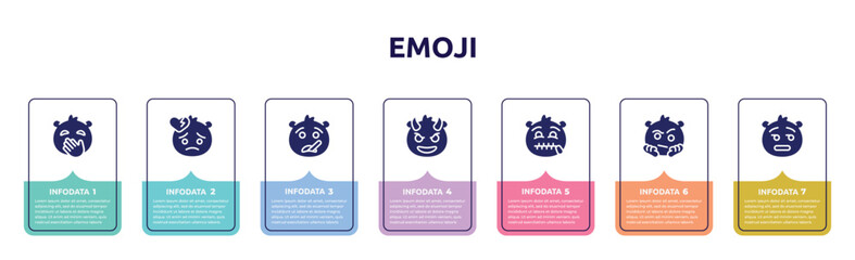 emoji concept infographic design template. included hand over mouth emoji, broken heart emoji, ill smiling with horns secret suspect dissapointment icons and 7 option or steps.