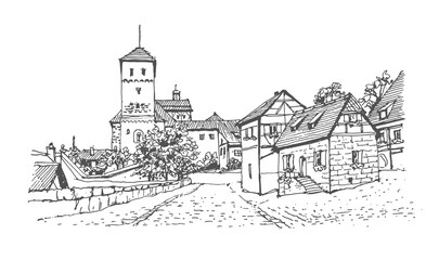Travel sketch of Nuremberg, Germany. Urban sketch in black color isolated on white background. Historical building, castle, medieval houses line art. Freehand drawing. Hand drawn travel postcard. 