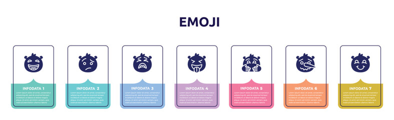 emoji concept infographic design template. included laughing emoji, confused emoji, tired tongue hugging lying blushing icons and 7 option or steps.