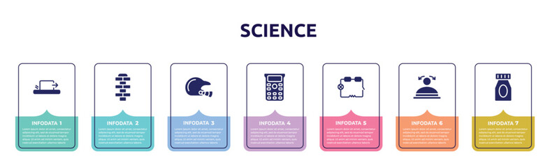 science concept infographic design template. included friction, hopscotch, baseball helmet, scientific calculator, electrical circuit, convex, medication icons and 7 option or steps.