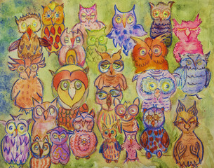 Fototapeta na wymiar All different whimsical owls. The dabbing technique near the edges gives a soft focus effect due to the altered surface roughness of the paper.