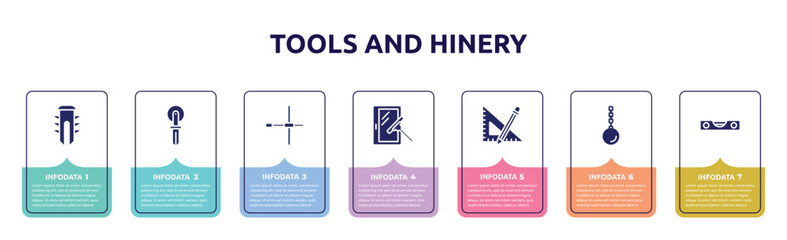 tools and hinery concept infographic design template. included dyupel, knife for pizza, wheelbrace, window cleaner, ruler and pencil, wrecking ball, level gauge icons and 7 option or steps.