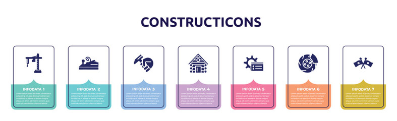 constructicons concept infographic design template. included construction crane hine, wood brush tool, hammer in hand, cabin house, tools window, disc brake, flags crossed icons and 7 option or