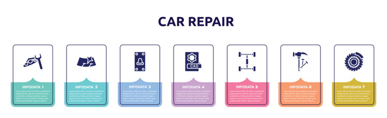 car repair concept infographic design template. included headlight, windshield, switch on, cad, chassis, hammer and nail, brake disc icons and 7 option or steps.