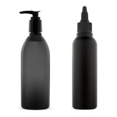 Hair cosmetic bottle mockup. Dye color spray tube. Pump dispenser bottle for professional cosmetic branding. Black plastic professional styling beauty products. Cream, foam or gel paint container
