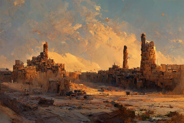 oude stadsruïnes in woestijn bij zonsondergang, abstract digitaal landschap