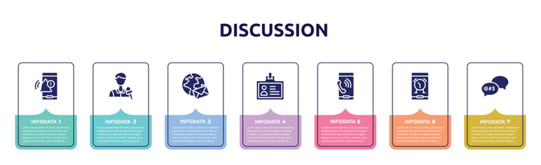 discussion concept infographic design template. included bell interface, journalists, around the globe, press card, mobile phone call, phone alarm, swearing icons and 7 option or steps.