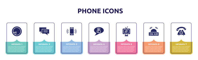 phone icons concept infographic design template. included postman, messaging, smartphone call, chat group, televisions, , vintage telephone call icons and 7 option or steps.