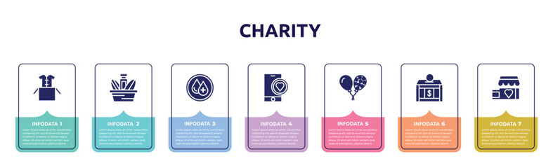 charity concept infographic design template. included clothes donation, charity food, clean water, charity app, ballons, donation box, shop icons and 7 option or steps.